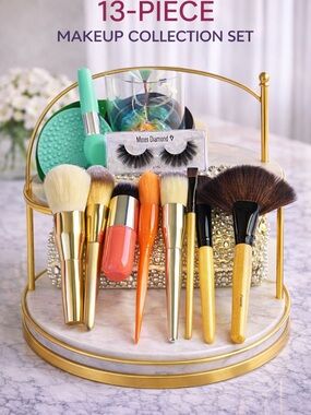 13-Piece Gold Makeup Brush Set with Orange & Coral Accents